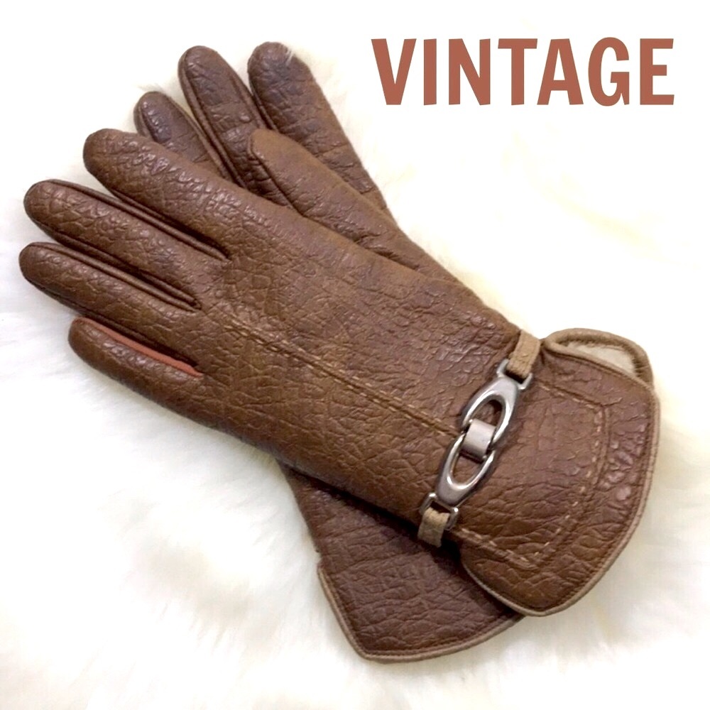 ARVIS Vintage Taupe faux leather fleece lined gloves horse-bit buckle SZ Regular